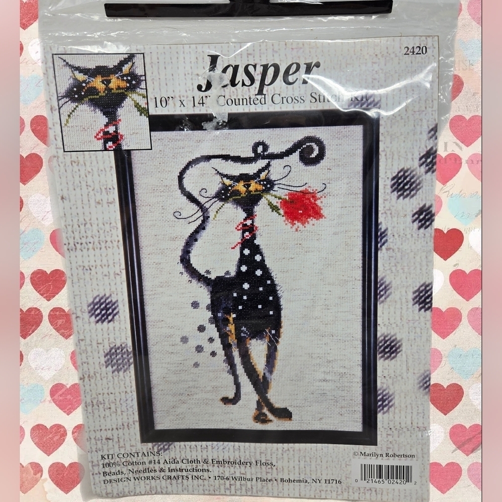 Design Works Craft Jasper the Cat Counted Cross Stitch Kit 10x14 Red Beaded Rose